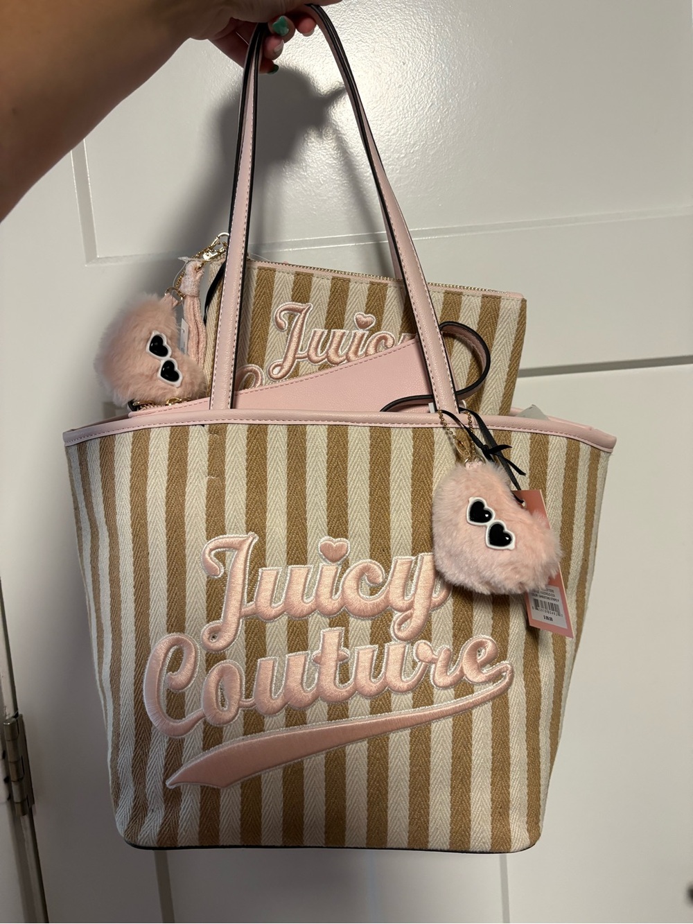 NWT Juicy Couture Pink Trim Striped Tote Set